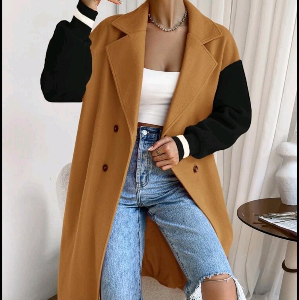 Colorblock Drop Shoulder Double Breasted Overcoat - Picture 3 of 5